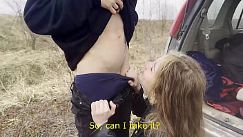 Horny teen couple fucks in the car