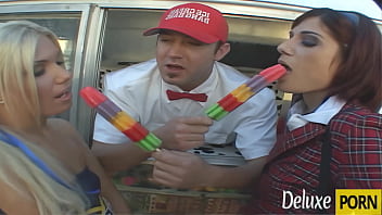 Ice cream dude bangs two horny chicks