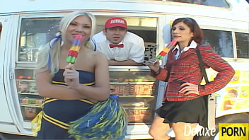 Ice cream dude bangs two horny chicks