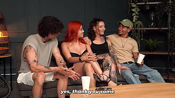 Very slutty friends share everything in an orgy dp in her tight pussy