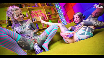 Two inked lesbians stretch each other’s asses with huge toys — gaping holes atm action and real orgasms