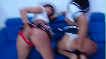 Two fun girls giving deep blowjobs