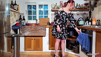 German huge natural boobs curvy redhead girl get fucked in the kitchen after orgasm by banana insertion