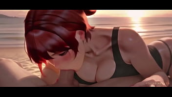 Cute redhead sucks a massive cock on public beach and swallows every drop hentai pov ai