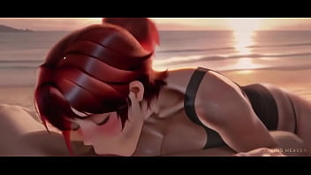 Cute redhead sucks a massive cock on public beach and swallows every drop hentai pov ai