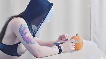 Trick or treat erotic pumpkin carving with a sexy ghostface