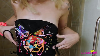 Beautiful blonde teen gently touch her body in the shower