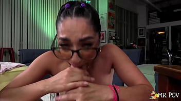 Sexy nerd sucks her neighbors prick