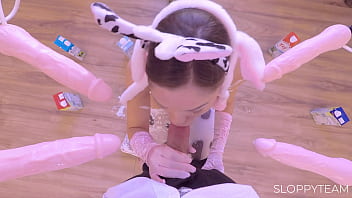 Milf in cow costume gangbang bukkake play with dildos