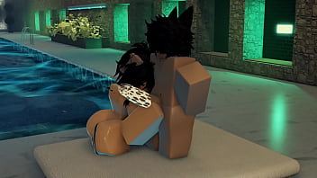 Femboy fucks a huge assed girl near a pool 3