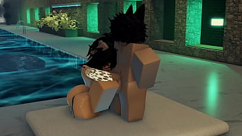 Femboy fucks a huge assed girl near a pool 3