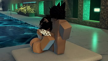 Femboy fucks a huge assed girl near a pool 3