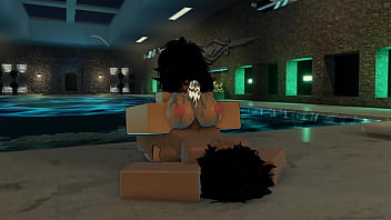 Femboy fucks a huge assed girl near a pool 3