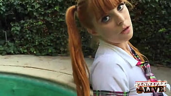 Redhead penny pax plays with her double dildo until squirts poolside