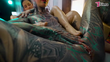 Slippery synth oily lesbian metal toy threesome