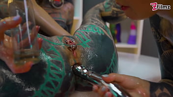 Slippery synth oily lesbian metal toy threesome