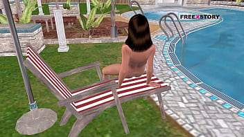 An animated 3d cartoon porn video a cute girl masturbating using bottle near swimming pool