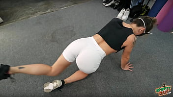 Petite babe in tight white see through leggings with a sexy cameltoe