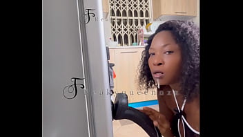 Hot milf camgirl fucks 14 inches dildo on fridge in the kitchen {full video on membership}