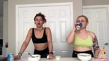 Two friends eat and belch