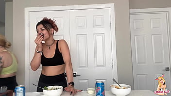 Two friends eat and belch