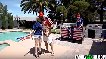 Stepdad joins stepdaughter & stepson for a fuck on indepence day