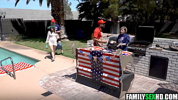 Stepdad joins stepdaughter & stepson for a fuck on indepence day