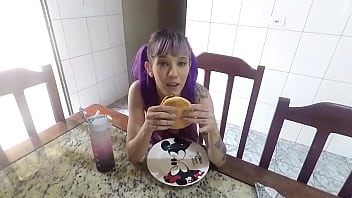 Food fetish eating a burger through the ass