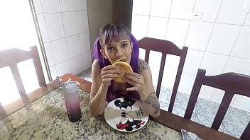 Food fetish eating a burger through the ass