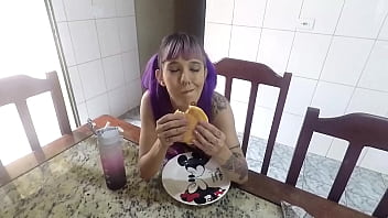 Food fetish eating a burger through the ass