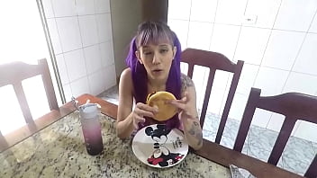 Food fetish eating a burger through the ass