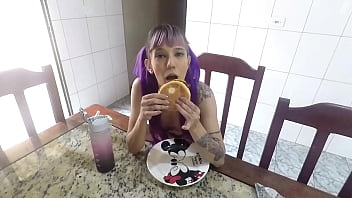 Food fetish eating a burger through the ass