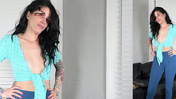 Jazmin tries on leggings and wrap shirt for photoshoot