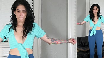 Jazmin tries on leggings and wrap shirt for photoshoot