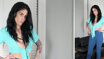 Jazmin tries on leggings and wrap shirt for photoshoot