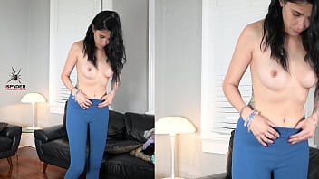 Jazmin tries on leggings and wrap shirt for photoshoot