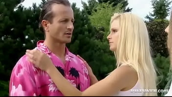 Nikki sun gingerly licks a cock while lounging outside