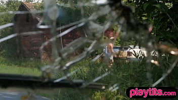 Big ass luscious blonde cougar flaunts her juicy round tits in public