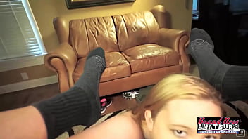 Busty blonde coed rose gives a deep boob fuck and eats the cumshot