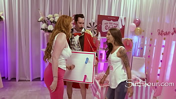 Bride and groom's stepmom play with the same cock