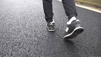 Walk on the road wearing fluffy sneakers