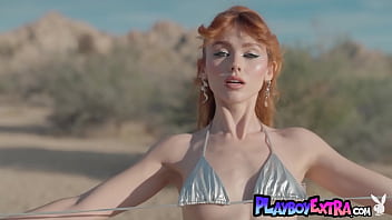 Skinny small titted red babe stripping in the desert Skinny small titted red babe stripping in the desert