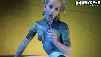 Sexy tattooed babe in latex stretching herself wide with her toys