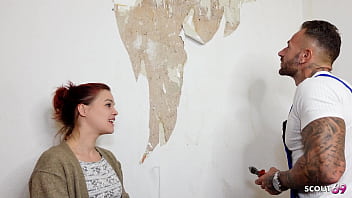 German redhead nymphomaniac girl lizzy rose with saggy tits tricked the repairman to cheating fuck when boyfriend away