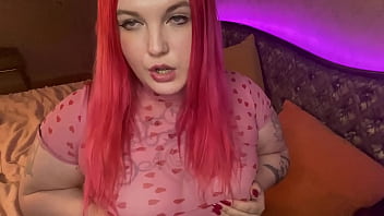 Redhead babe plays with big tits and with pussy with balls