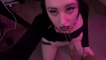 Goth slut deepthroats and sucks older asian cock