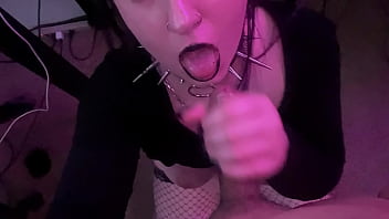 Goth slut deepthroats and sucks older asian cock