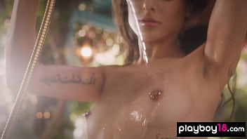 Skinny brunette beauty stripping and showing her exotic pussy