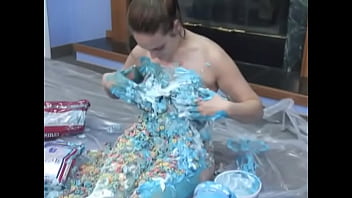 Curvy covers her body in whipped cream and cereal