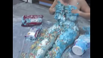 Curvy covers her body in whipped cream and cereal